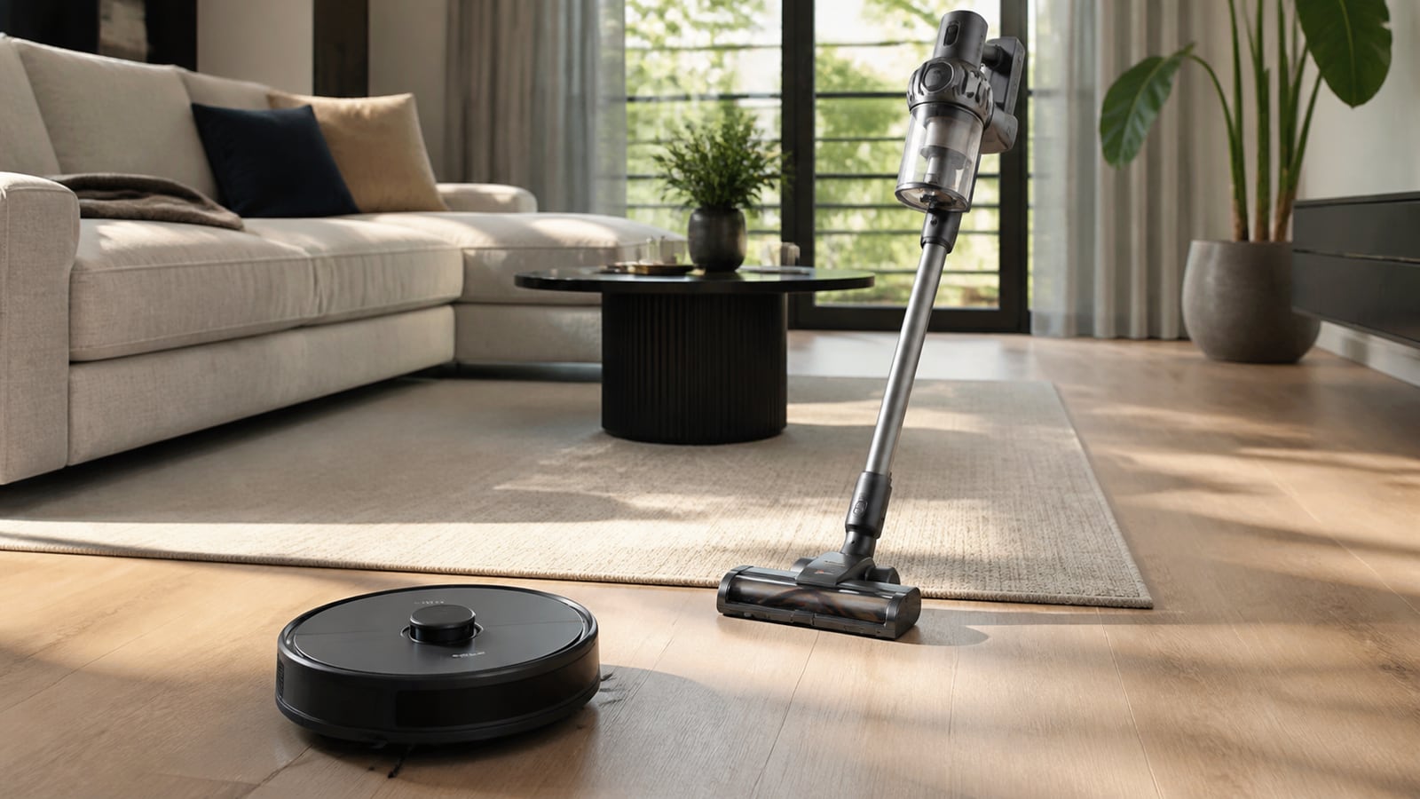 Robotstofzuiger en steelstofzuiger vergelijken in een woonkamer