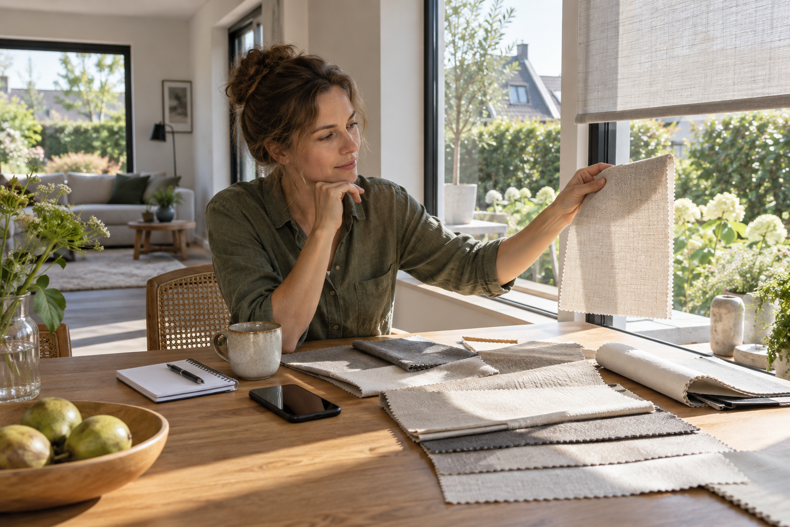 Illustratie: doekstalen op een tafel bij een zonnig raam